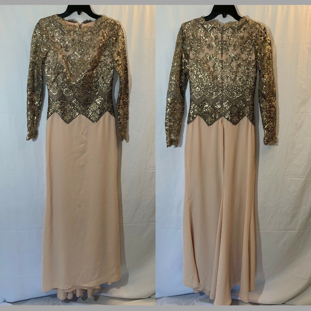 NEW Tadashi Shoji Long Sleeve Embroidered Sequin Crepe‎ Gown [SZ 2 ]